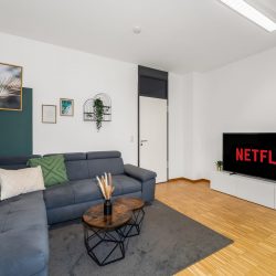 Large couch, Smart TV, and Netflix Große Couch, Smart TV und Netflix