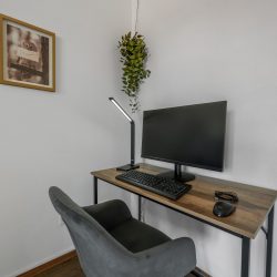 Arbeitsplatz mit Monitor, Maus und Tastatur.
