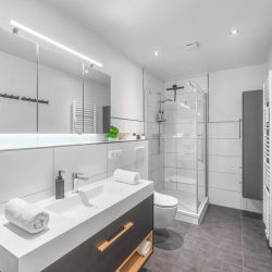 Zweites Badezimmer mit Dusche, Toilette und Waschbecken.