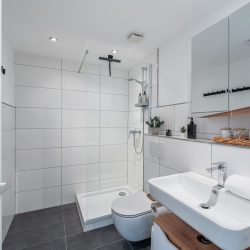 Badezimmer mit Dusche, Toilette und Waschbecken.