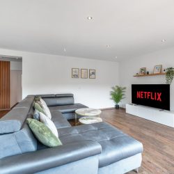 Große Wohnlandschaft und 65 Zoll Smart-TV mit Netflix-Logo.